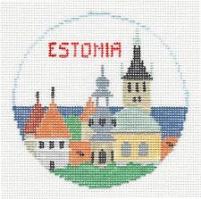 Travel Round ~ REPUBLIC of ESTONIA handpainted 4" Rd. Needlepoint Ornament Canvas by Kathy Schenkel