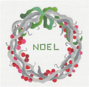 Christmas ~ NOEL Vine & Red Berry Wreath handpainted Needlepoint Ornament by Juliemar