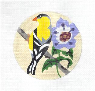 Bird Canvas ~ Goldfinch Bird & Flower handpaintd 4" Needlepoint Ornament Canvas Melissa Prince