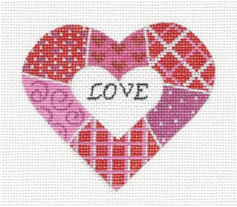 Heart ~ Patchwork LOVE Heart Red, Pink, White handpainted Needlepoint Canvas Pepperberry