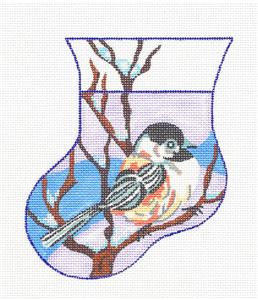 Stocking~Chickadee Mini Sock handpainted Needlepoint Ornament by Kamala from Juliemar