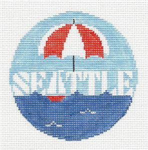 Travel Round ~ Seattle, Washington handpainted Needlepoint Canvas by Kathy Schenkel RD.