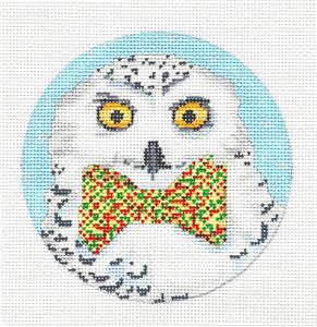 Bird Round ~ Snowy Owl in Bowtie Handpainted Needlepoint Ornament by Scott Church