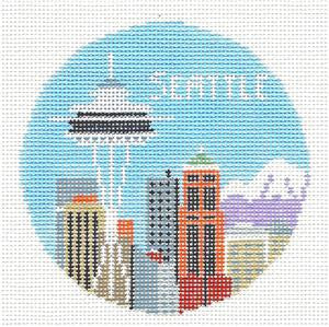 Travel Round ~ SEATTLE, WASHINGTON Needlepoint Ornament Canvas by Kathy Schenkel