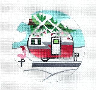 Canvas ~ Christmas Camper Trailer with Tree handpainted Needlepoint Ornament Canvas by ZIA ~ Danji
