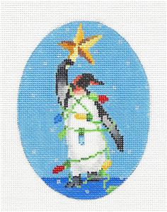Penguin Oval ~ Decorated Penguin Christmas 18 mesh handpainted Oval Needlepoint Ornament Canvas by Scott Church