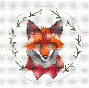 Fox Round ~ Red FOX Wearing a Bow Tie handpainted Needlepoint Ornament Canvas by ZIA - Danji