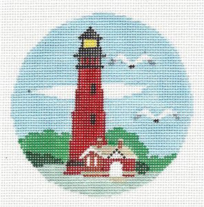 Travel Round ~ Currituck, North Carolina Lighthouse handpainted Needlepoint Canvas Kathy Schenkel RD.