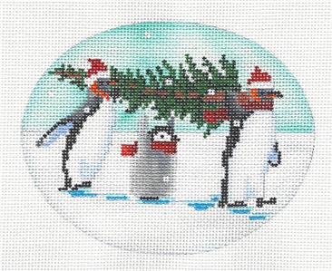 Penguins Oval ~ "Mom, Dad & Baby Penguin" Bringing Home the Christmas Tree handpainted Needlepoint Oval Ornament Scott Church
