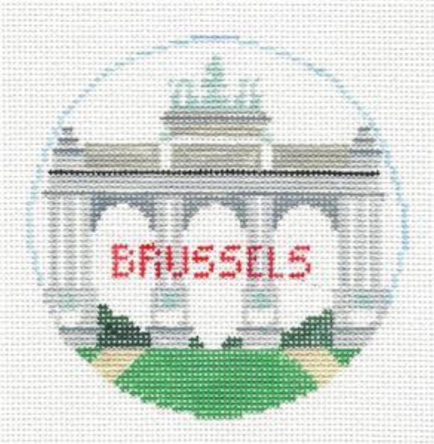 Travel Round ~ Brussels, Belgium handpainted Needlepoint Ornament Canvas by Kathy Schenkel