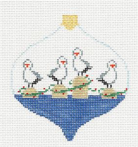 Bauble ~ Seagulls with Christmas lights handpainted Needlepoint Bauble Ornament Canvas Kathy Schenkel