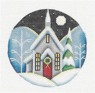 Round ~ Winter Church in Moonlight Ornament handpainted Needlepoint Canvas Rebecca Wood