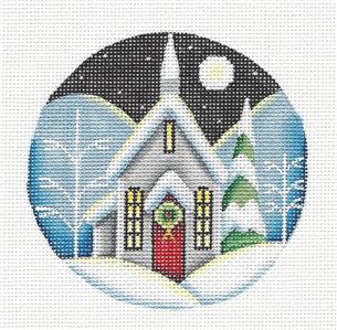 Round ~ Winter Church in Moonlight 4" Rd. Ornament handpainted 18 Mesh Needlepoint Canvas Rebecca Wood