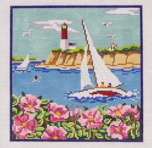 Canvas ~ Sailboat, Lighthouse & Cape Roses New England handpaint Needlepoint Canvas MBM