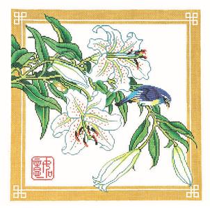 Oriental Canvas ~ Lilies with Bird 14 x 14 Floral design on 13 mesh handpainted Needlepoint Canvas by LEE