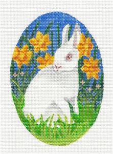 Egg ~ White Bunny in Daffodils handpainted Oval Needlepoint Ornament Canvas by LIZ from Susan Roberts