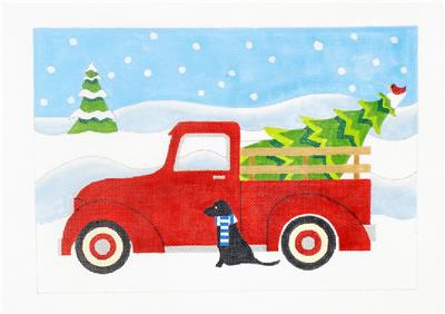 Christmas Canvas ~ RED PICK-UP TRUCK, Black Labrador & Tree LG. handpainted Needlepoint Canvas by Raymond Crawford