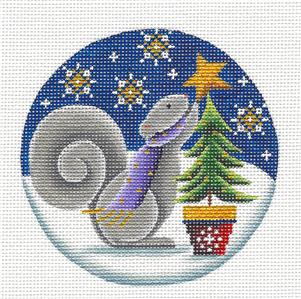 Round ~ Squirrel's Tree & Star Ornament handpainted Needlepoint Canvas by Rebecca Wood~MAY NEED TO BE SPECIAL ORDERED