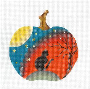 Kelly Clark Pumpkin ~ Black Cat on a Halloween Pumpkin handpainted Needlepoint Canvas by Kelly Clark