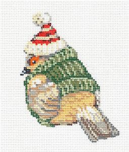 Bird ~ Sparrow in Knit Sweater and Ski Cap "BRRR..." handpainted Needlepoint Canvas by Sandra Gilmore