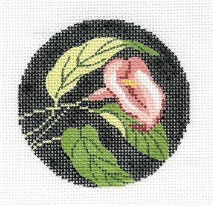 Round~LEE Elegant Pink Calla Lily on Black handpainted 3" Rd. Needlepoint Canvas