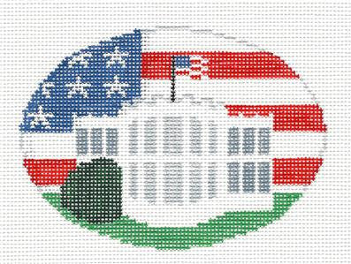 Travel canvas ~ The White House in Washington, DC Needlepoint Canvas Oval Ornament Kathy Schenkel