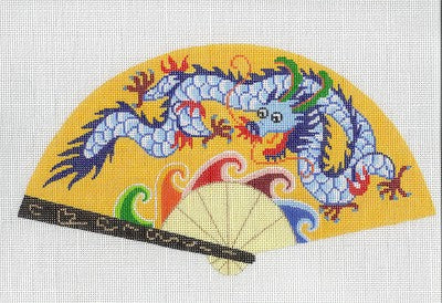 Dragon Fan ~ Beautiful Oriental Blue DRAGON on Yellow FAN handpainted Needlepoint Canvas by LEE
