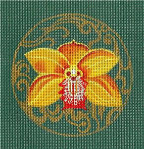 Round ~ Golden Orchid Coaster or Ornament 4.25" 18 mesh handpainted Needlepoint Canvas by Leigh Design