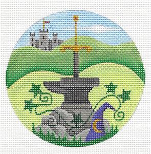 Round ~ The SWORD And The STONE handpainted Needlepoint Canvas by Rebecca Wood