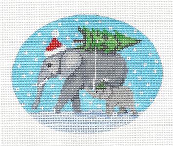 Oval ~ "Mom & Baby Elephant" Bringing Home the Tree Needlepoint Oval Ornament by Scott Church