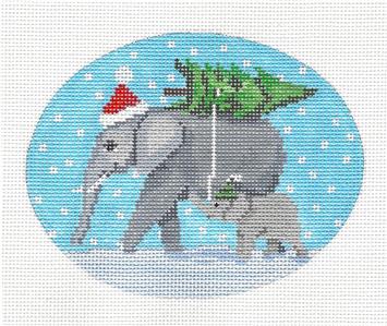 Oval ~ "Mom & Baby Elephant" Bringing Home the Christmas Tree 18 Mesh Needlepoint Oval Ornament by Scott Church