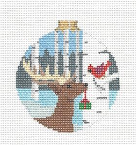 Christmas ~ DEER with CARDINAL'S GIFT handpainted 18 Mesh Needlepoint Ornament Susan Roberts