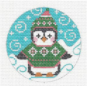 Winter Penguin in Sweater & Cap on handpainted 3" Rd. Needlepoint Canvas by Danji Designs