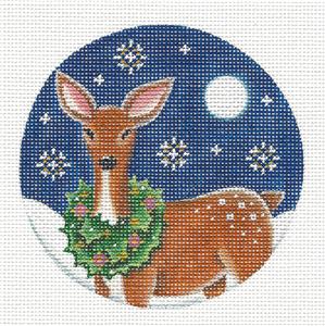Round ~ Deer Wearing a Christmas Wreath 4" Rd. Ornament HP 18 mesh Needlepoint Canvas by Rebecca Wood