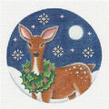 Round ~ Deer Wearing a Christmas Wreath 4" Rd. Ornament handpainted 18 mesh Needlepoint Canvas by Rebecca Wood