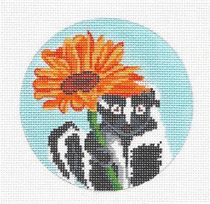 Round ~ "Skunk Holding a Blossom" Handpainted Needlepoint canvas by Scott Church
