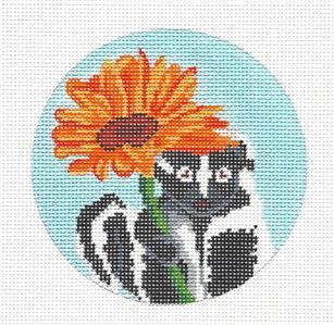 Round ~ "Skunk Holding a Blossom" handpainted 18 Mesh Needlepoint Ornament Canvas by Scott Church