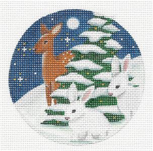 Animal Round ~ Two Rabbits & a Deer in Snow handpainted Needlepoint Canvas by Rebecca Wood