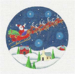 Round ~ Dash Away Santa & Sleigh in Moonlight Ornament handpainted Needlepoint Canvas Rebecca Woodn