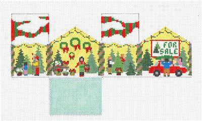3-D Ornament ~ Christmas Tree Lot & Building Scene 3-D handpainted Needlepoint Ornament by Susan Roberts