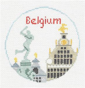 Travel Round ~ BELGIUM Landmarks handpainted 18 Mesh 4" Rd. Needlepoint Canvas by Kathy Schenke