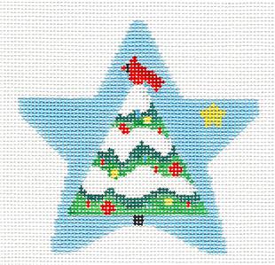 Christmas Star ~ Cardinal Christmas Tree Star handpainted Needlepoint Ornament by Kathy Schenkel