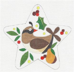 STAR ~ 12 Days of Christmas "1 PARTRIDGE IN A PEAR TREE" Star handpainted Needlepoint Ornament Canvas by Raymond Crawford