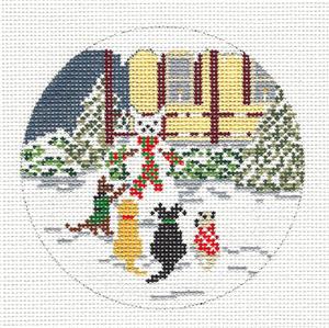 Dog Round ~ 4 Snow Dogs & Snowman handpainted 4" Needlepoint Canvas by Needle Crossings