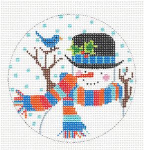Round ~ Snowman with a Bluebird & Hat handpainted Needlepoint Canvas CH Designs -Danji
