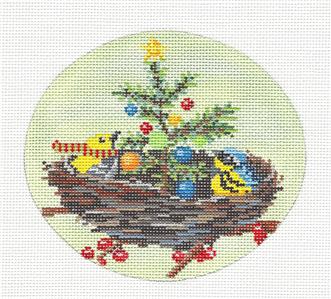 Birds Oval ~ Christmas in the Nest 2 Birds & Their Tree handpainted Needlepoint Ornament Canvas by Scott Church