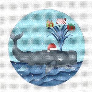 Christmas Round ~ " Santa Whale Bringing Gifts " handpainted Needlepoint Ornament Canvas by Scott Church