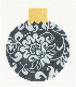 Round ~ Black & White Floral Damask handpainted 3.25" Needlepoint Canvas Ornament by  Whimsy & Grace