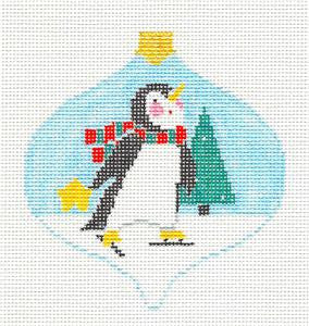 Bauble ~ Ice Skating Penguin Bauble Ornament handpaint Needlepoint Canvas Kathy Schenkel