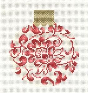 Round ~ Red & Cream Floral Damask handpainted 3.25" Needlepoint Canvas Ornament Whimsy & Grace